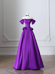 Purple Satin Long Prom Dress, Elegant A-Line Satin Evening Party Dress