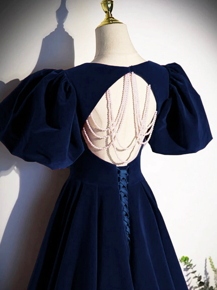 Blue Velvet Floor Length Prom Dress, Beautiful Open Back Evening Dress with Pearls