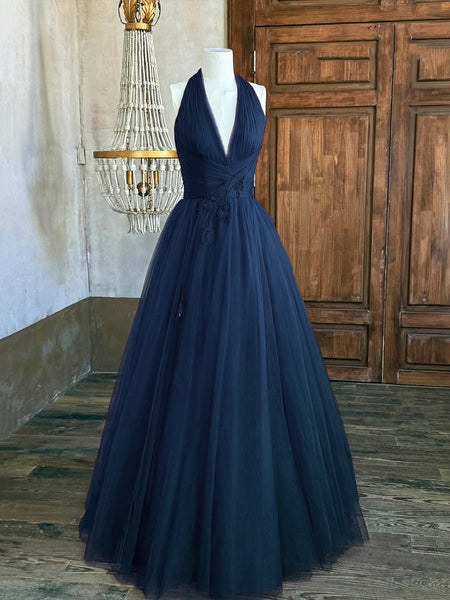Blue V-Neck Tulle Long Prom Dress, Elegant Backless Evening Party Dress