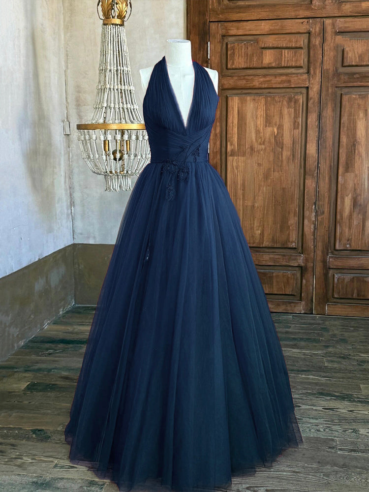 Blue V-Neck Tulle Long Prom Dress, Elegant Backless Evening Party Dress