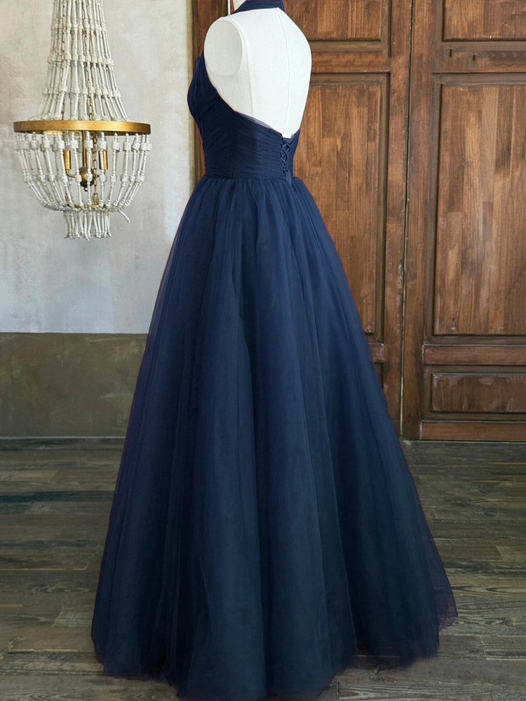 Blue V-Neck Tulle Long Prom Dress, Elegant Backless Evening Party Dress