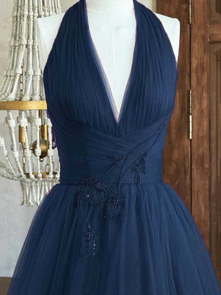 Blue V-Neck Tulle Long Prom Dress, Elegant Backless Evening Party Dress