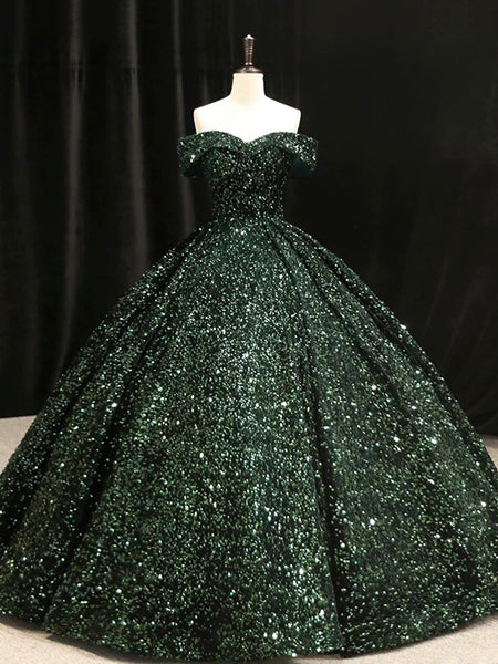 Dark Green Sequins Long Formal Dress, Elegant Off the Shoulder Party Dress