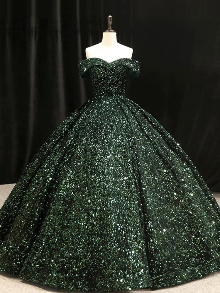 Dark Green Sequins Long Formal Dress, Elegant Off the Shoulder Party Dress