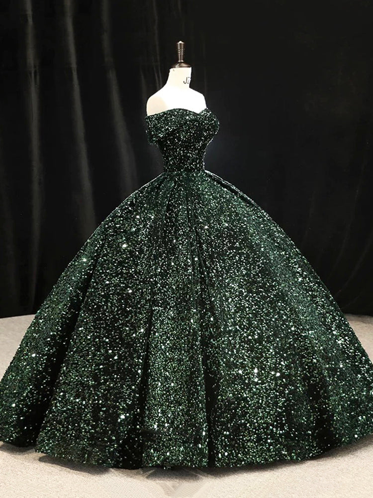Dark Green Sequins Long Formal Dress, Elegant Off the Shoulder Party Dress