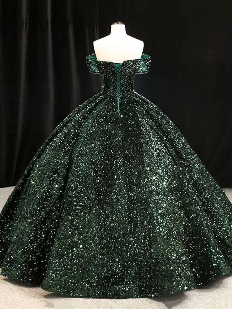 Dark Green Sequins Long Formal Dress, Elegant Off the Shoulder Party Dress