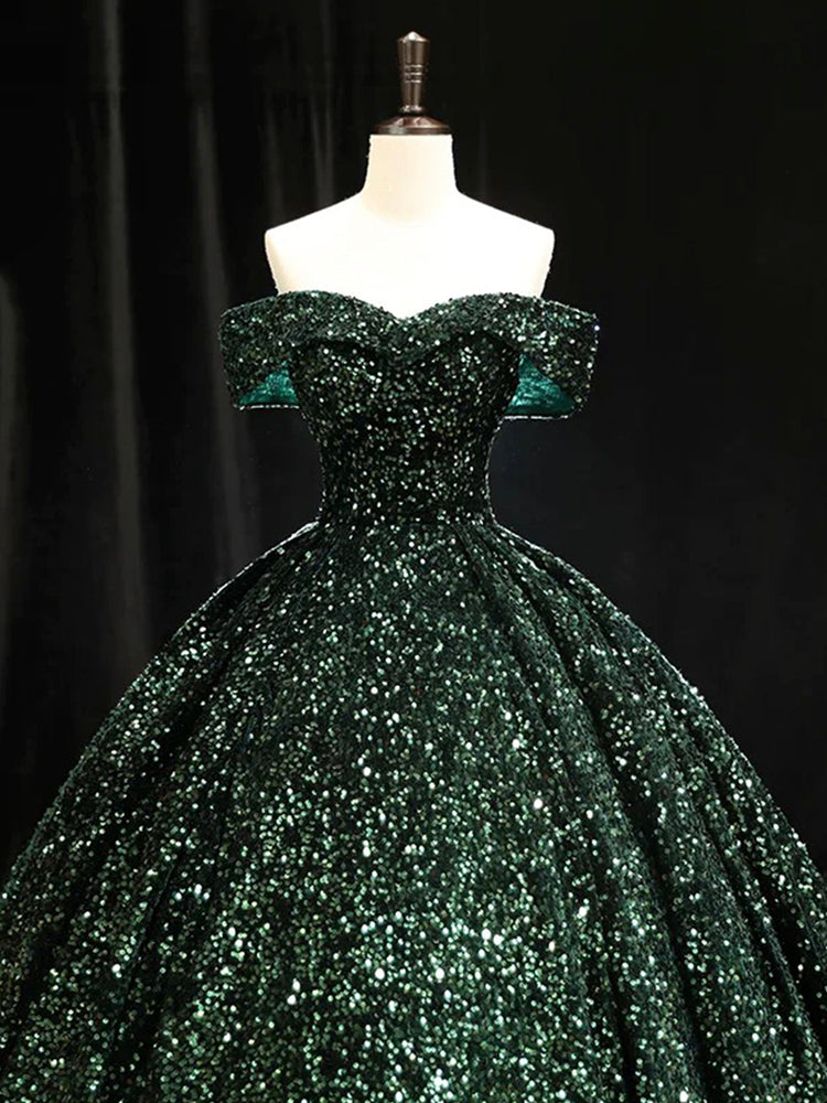 Dark Green Sequins Long Formal Dress, Elegant Off the Shoulder Party Dress