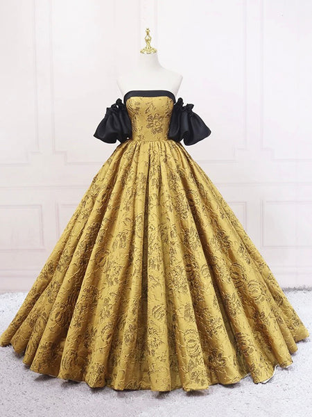Black and Yellow Printed Pattern Long Prom Dress, Elegant Off the Shoulder Formal Dress