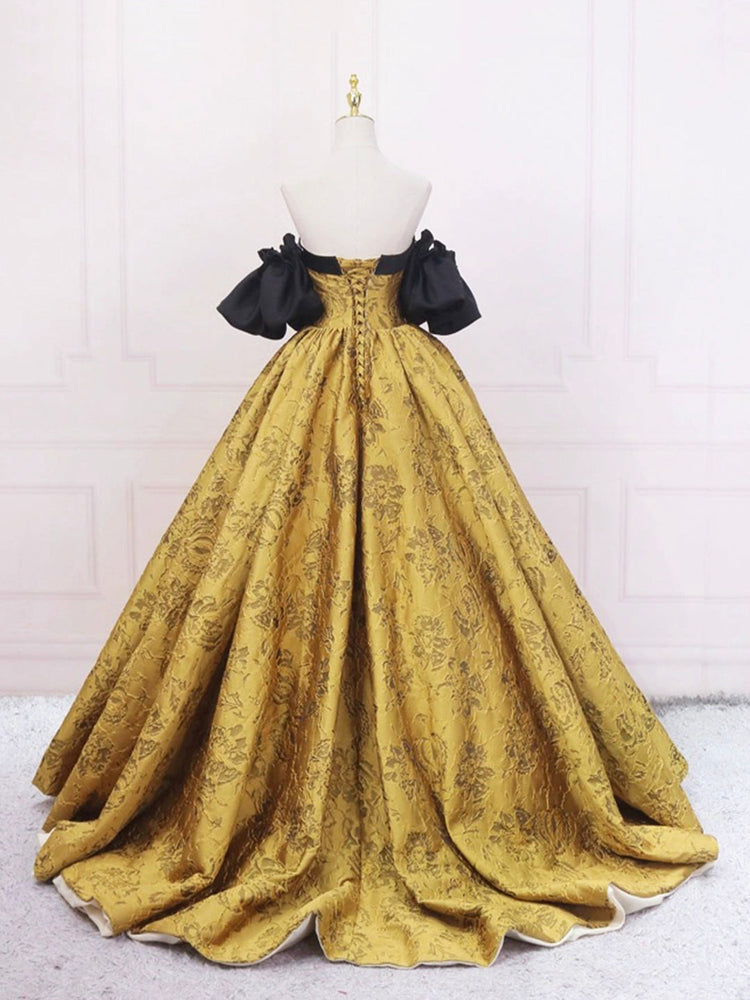 Black and Yellow Printed Pattern Long Prom Dress, Elegant Off the Shoulder Formal Dress