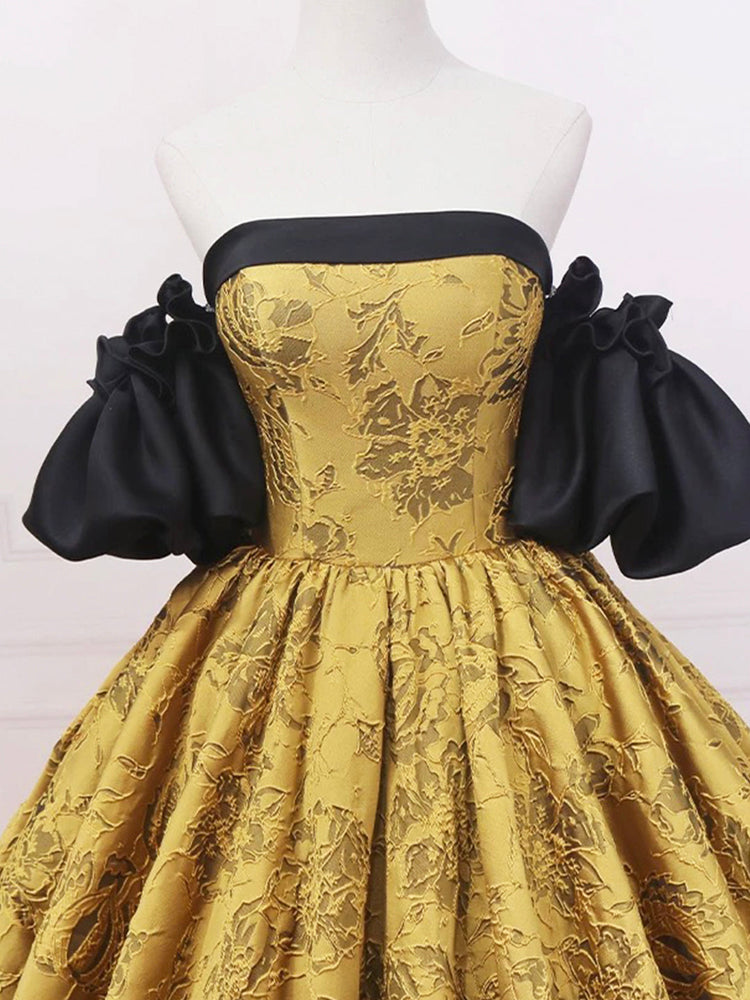 Black and Yellow Printed Pattern Long Prom Dress, Elegant Off the Shoulder Formal Dress
