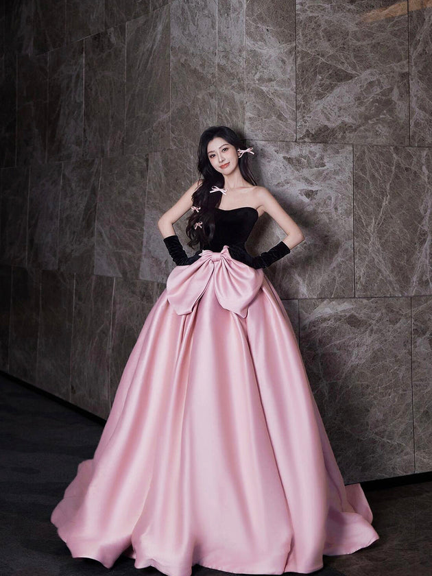 Black Velvet and Satin Long Prom Dress, Beautiful A-Line Strapless Party Dress wit Bow
