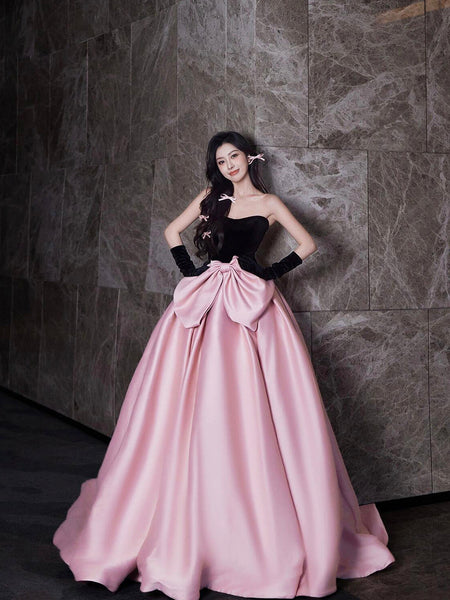 Black Velvet and Satin Long Prom Dress, Beautiful A-Line Strapless Party Dress wit Bow