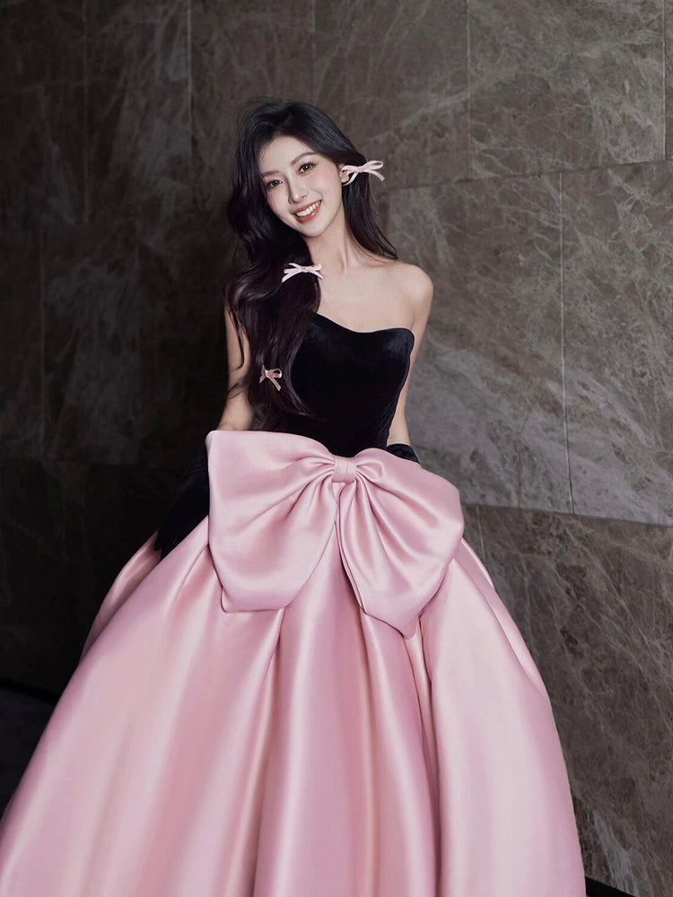 Black Velvet and Satin Long Prom Dress, Beautiful A-Line Strapless Party Dress wit Bow