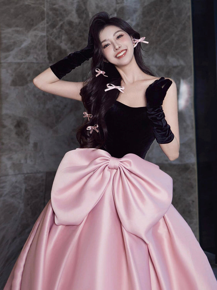 Black Velvet and Satin Long Prom Dress, Beautiful A-Line Strapless Party Dress wit Bow