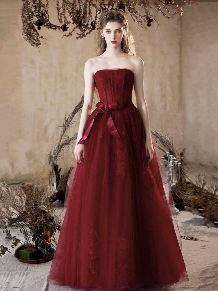 Burgundy Tulle Lace Long Prom Dress, A-Line Strapless Evening Party Dress
