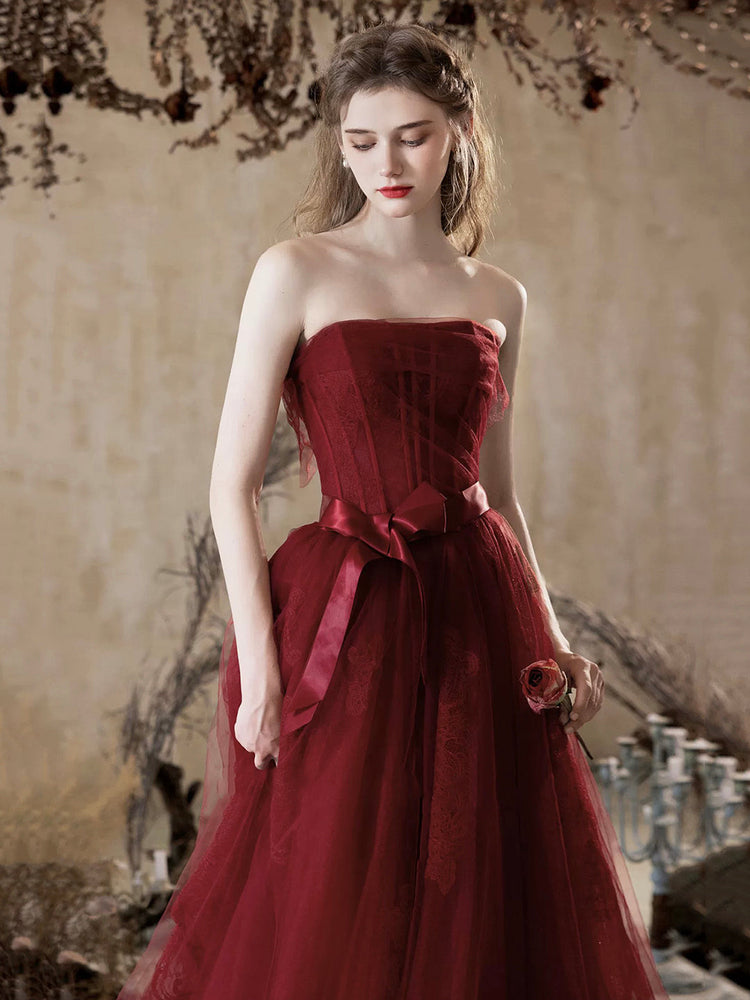 Burgundy Tulle Lace Long Prom Dress, A-Line Strapless Evening Party Dress
