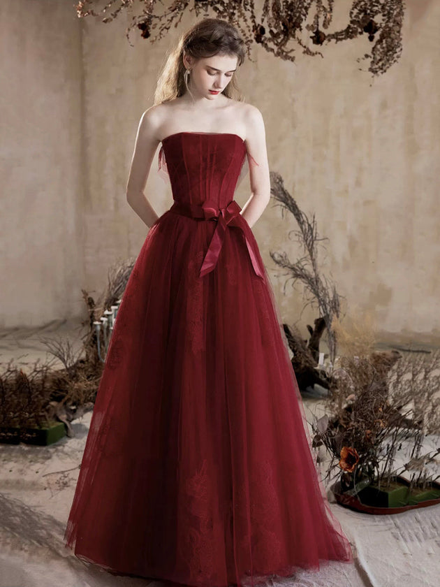 Burgundy Tulle Lace Long Prom Dress, A-Line Strapless Evening Party Dress
