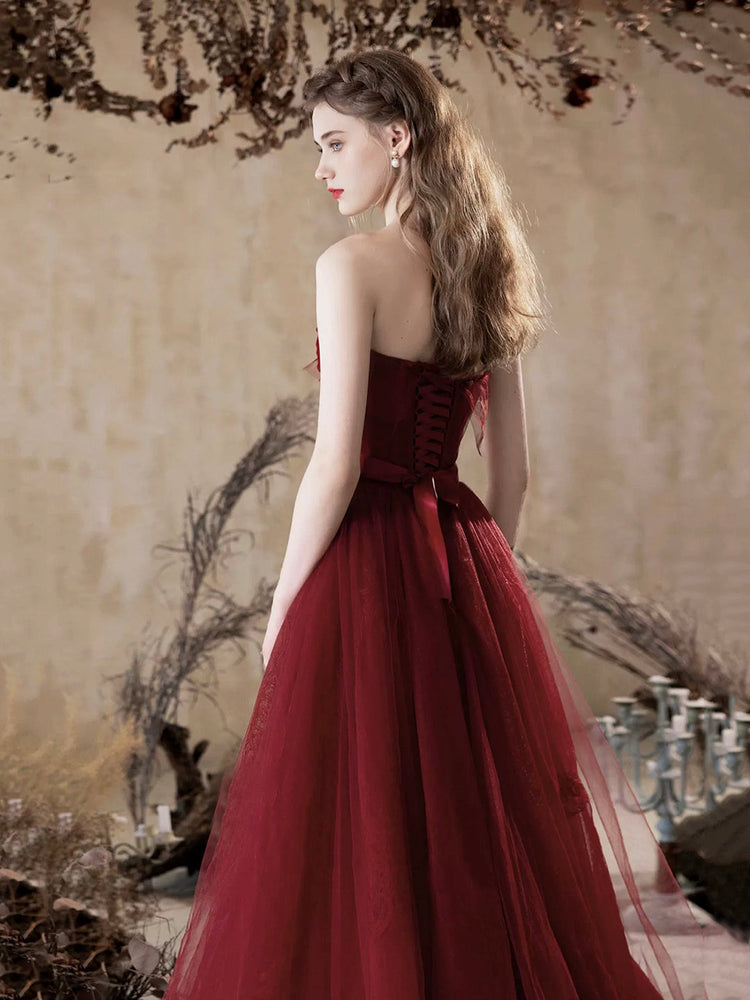 Burgundy Tulle Lace Long Prom Dress, A-Line Strapless Evening Party Dress