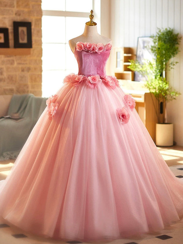 Pink Velvet Tulle Long Prom Dress, A-Line Strapless Sweet 16 Princess Dress