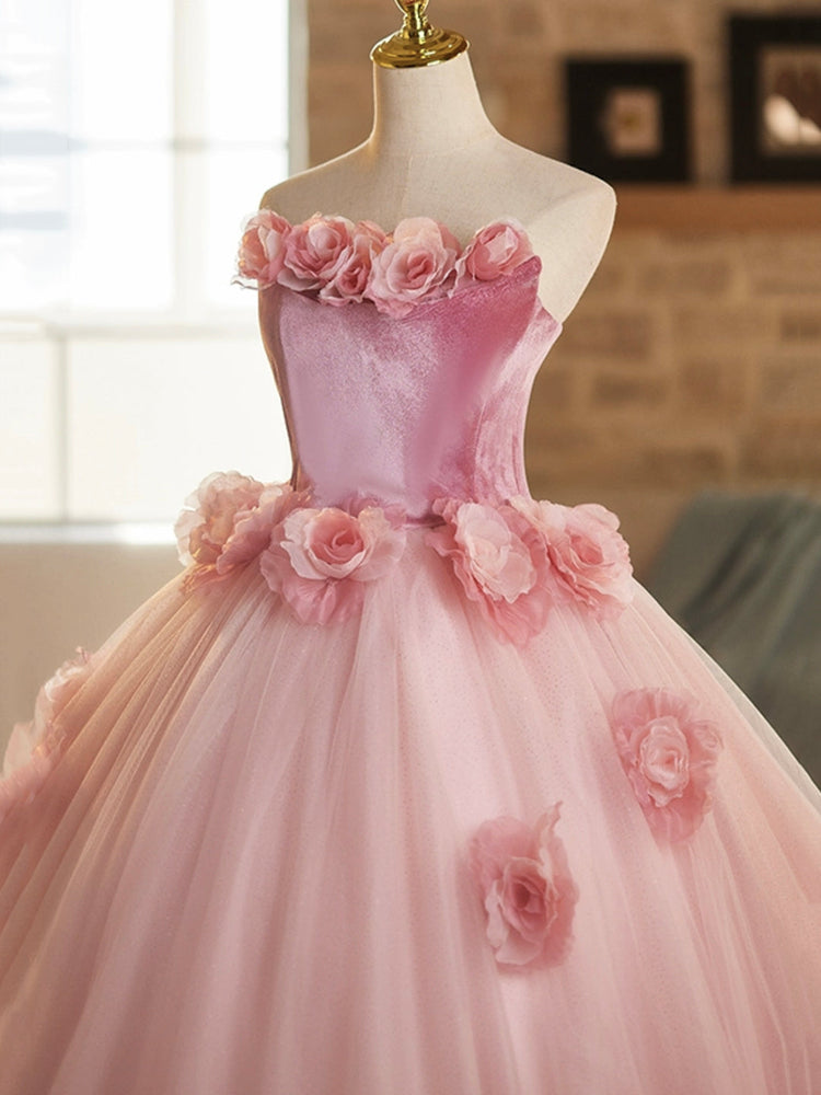 Pink Velvet Tulle Long Prom Dress, A-Line Strapless Sweet 16 Princess Dress