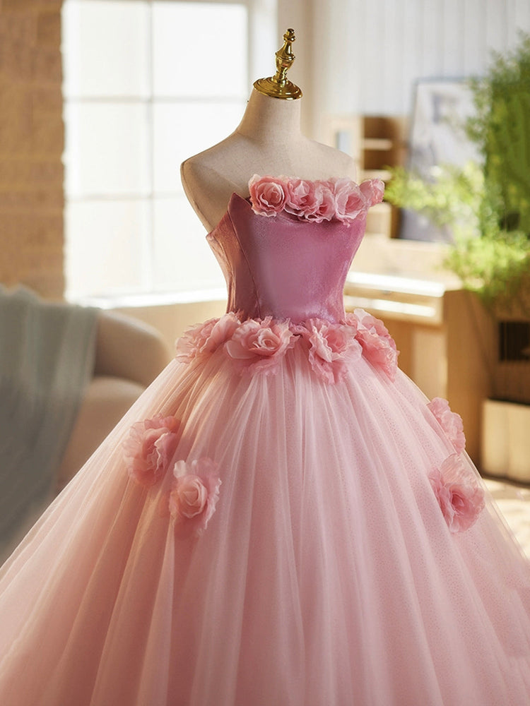 Pink Velvet Tulle Long Prom Dress, A-Line Strapless Sweet 16 Princess Dress