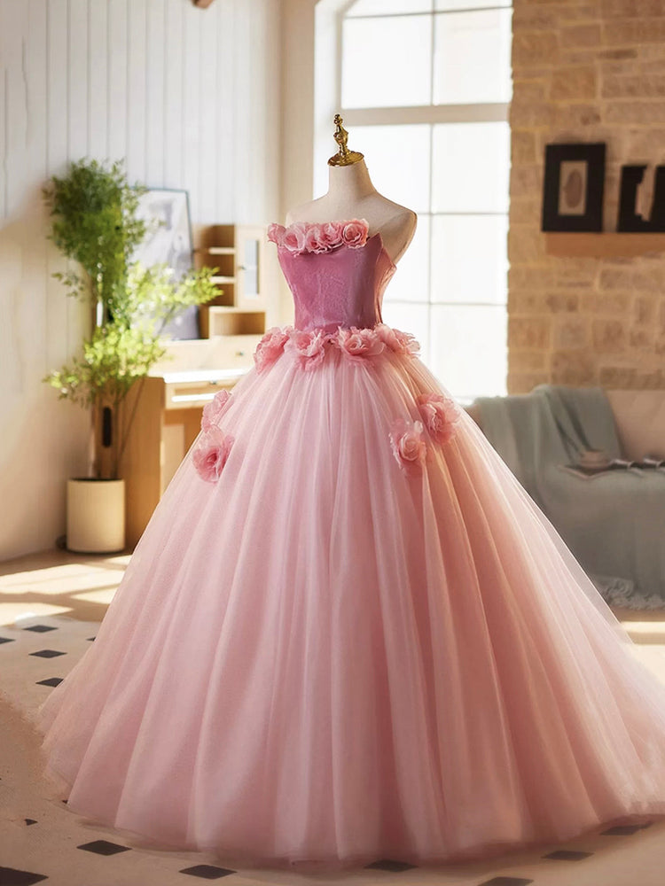 Pink Velvet Tulle Long Prom Dress, A-Line Strapless Sweet 16 Princess Dress