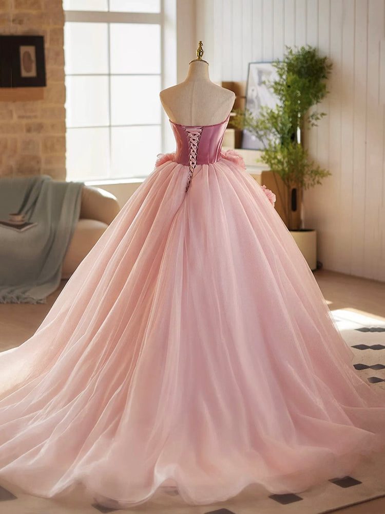 Pink Velvet Tulle Long Prom Dress, A-Line Strapless Sweet 16 Princess Dress