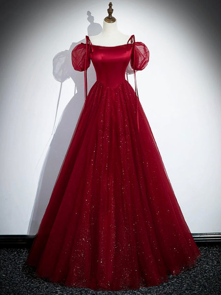 Burgundy Satin Tulle Long Prom Dress, Elegant Off the Shoulder Party Dress