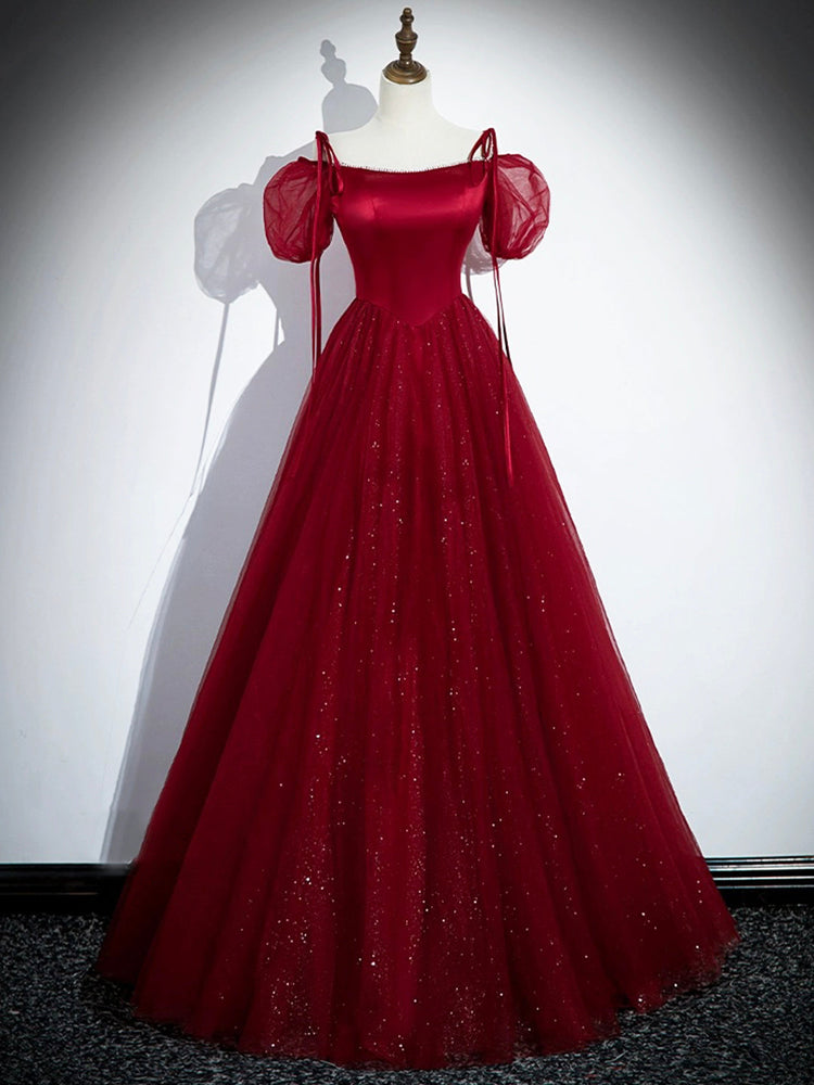 Burgundy Satin Tulle Long Prom Dress, Elegant Off the Shoulder Party Dress