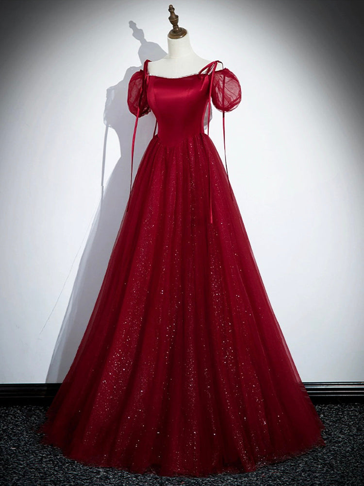 Burgundy Satin Tulle Long Prom Dress, Elegant Off the Shoulder Party Dress