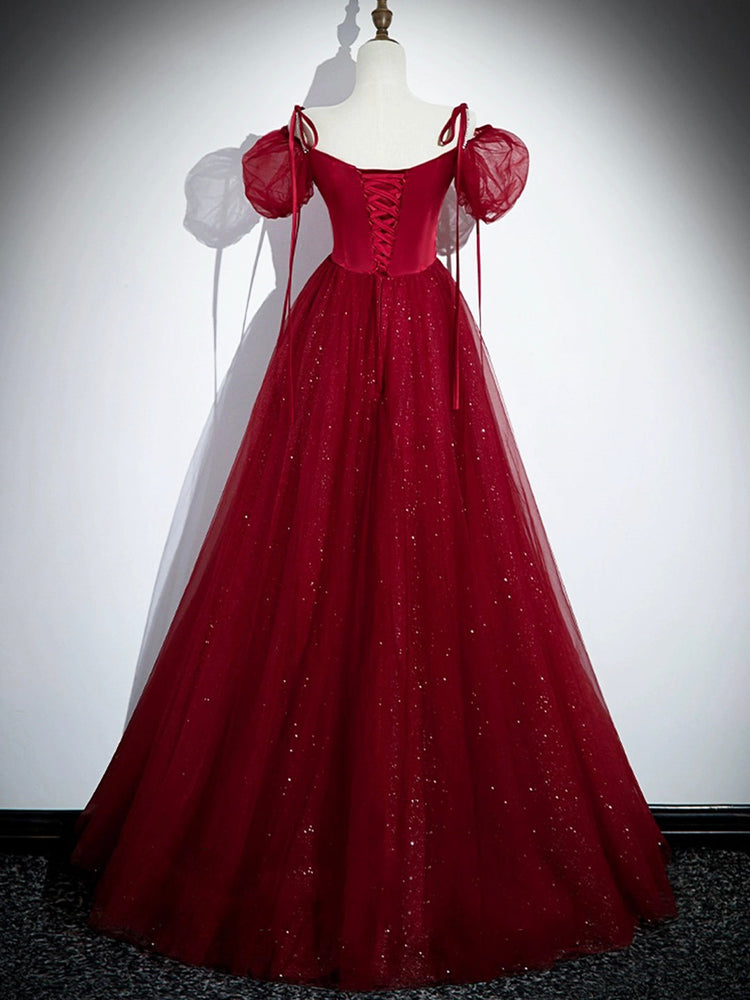 Burgundy Satin Tulle Long Prom Dress, Elegant Off the Shoulder Party Dress