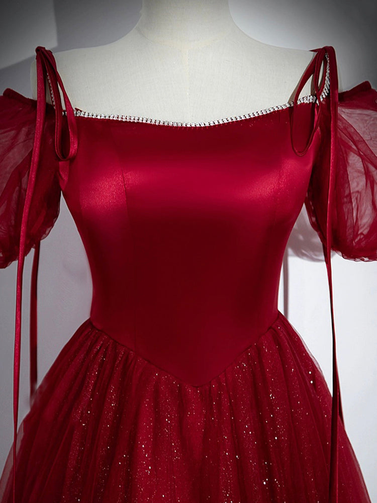 Burgundy Satin Tulle Long Prom Dress, Elegant Off the Shoulder Party Dress