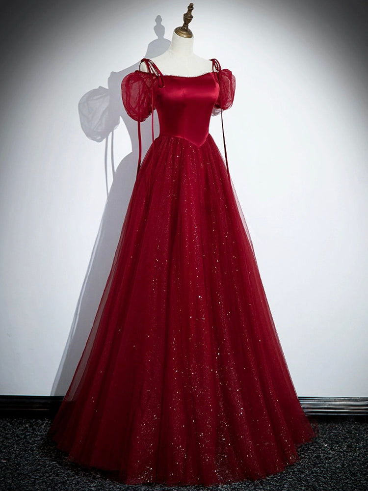 Burgundy Satin Tulle Long Prom Dress, Elegant Off the Shoulder Party Dress