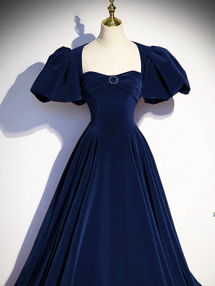 Blue Velvet Floor Length Prom Dress, Beautiful Open Back Evening Dress with Pearls