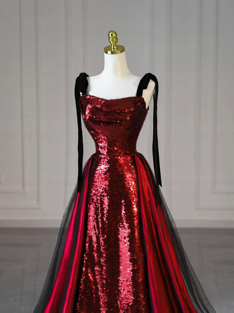Burgundy Satin Sequins Long Prom Dress, Elegant Shiny Evening Party Dress