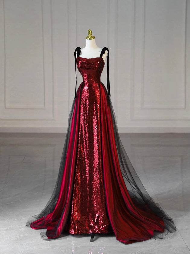 Burgundy Satin Sequins Long Prom Dress, Elegant Shiny Evening Party Dress
