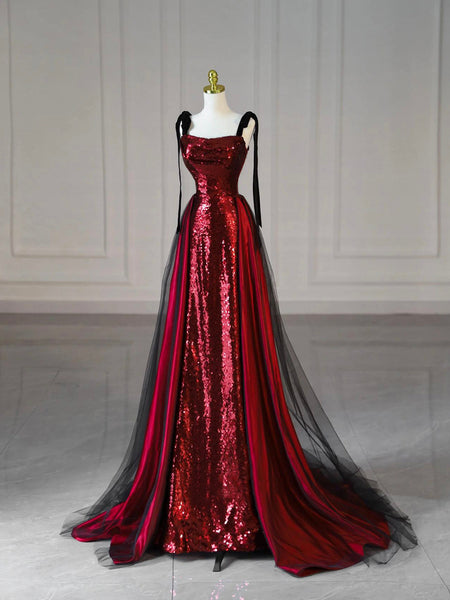 Burgundy Satin Sequins Long Prom Dress, Elegant Shiny Evening Party Dress