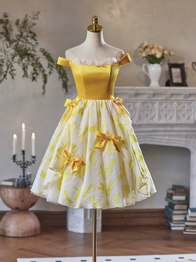 Yellow Satin Knee Length Party Dress, Cute Off the Shoulder Evening Dress