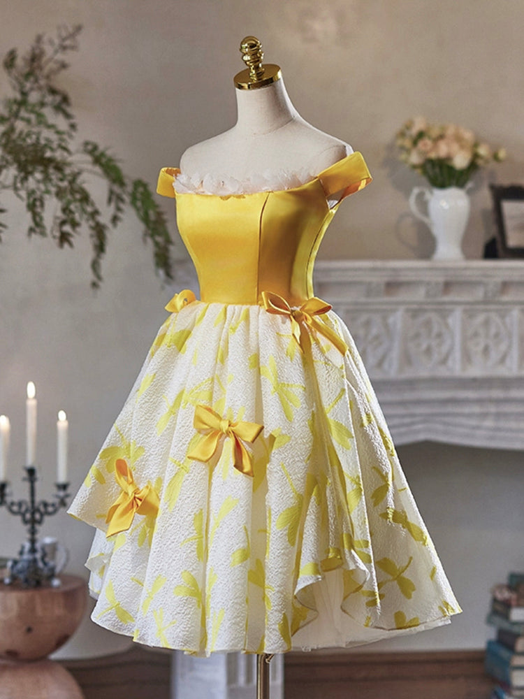 Yellow Satin Knee Length Party Dress, Cute Off the Shoulder Evening Dress