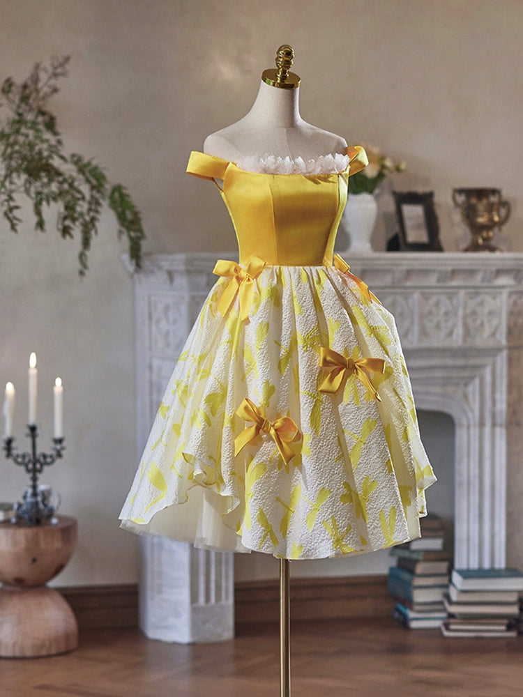 Yellow Satin Knee Length Party Dress, Cute Off the Shoulder Evening Dress