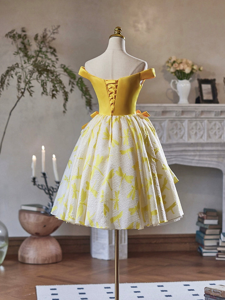 Yellow Satin Knee Length Party Dress, Cute Off the Shoulder Evening Dress