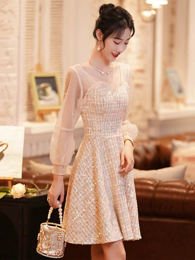 Beautiful A-Line Short Prom Dress, Long Sleeve Evening Party Dress