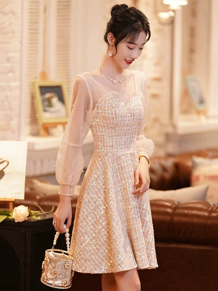 Beautiful A-Line Short Prom Dress, Long Sleeve Evening Party Dress