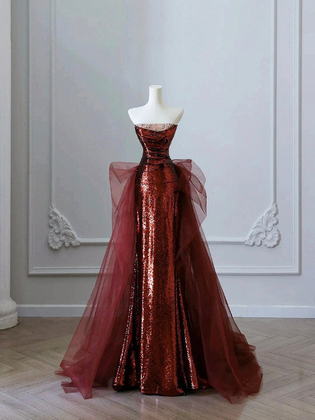 Burgundy Sequins Tulle Long Prom Dress, Beautiful Strapless Evening Party Dress