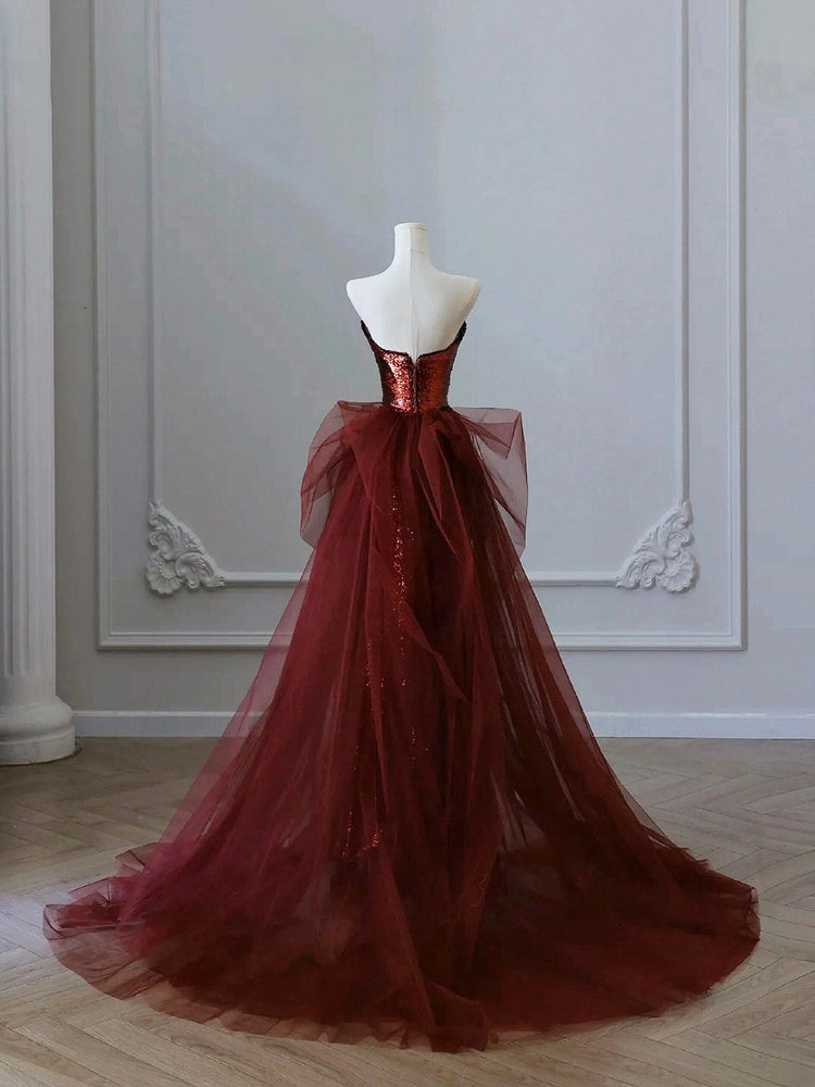 Burgundy Sequins Tulle Long Prom Dress, Beautiful Strapless Evening Party Dress