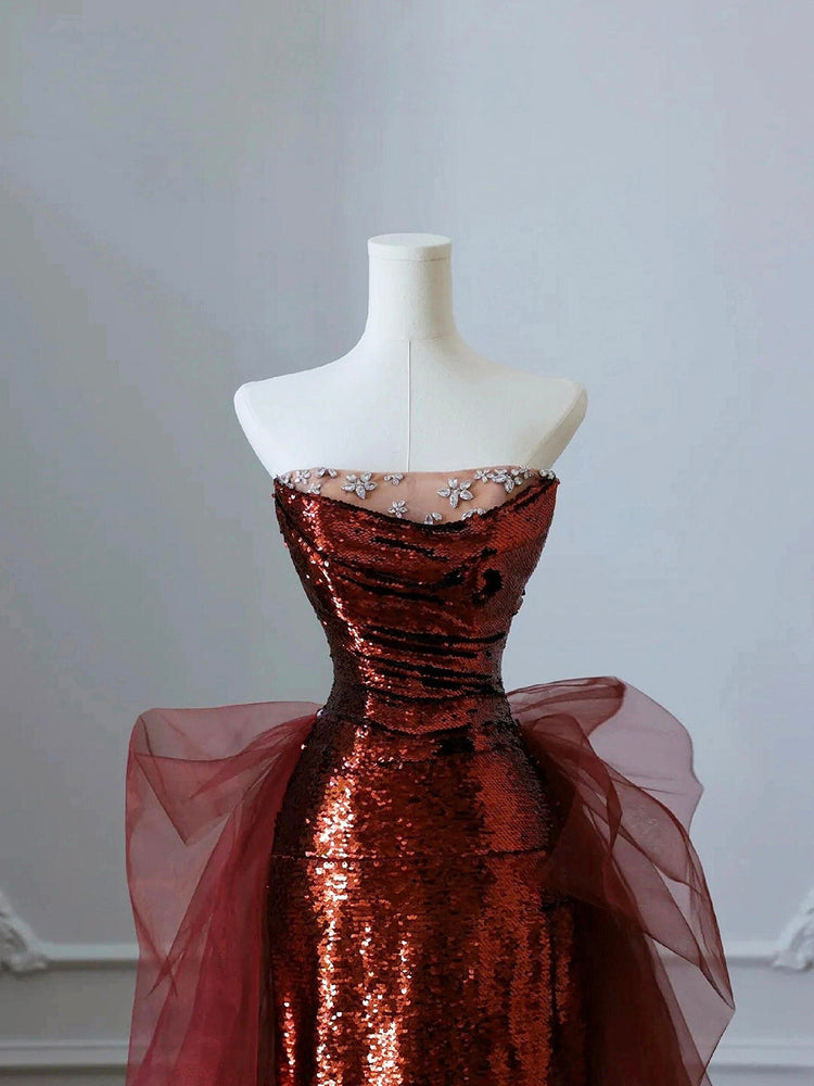 Burgundy Sequins Tulle Long Prom Dress, Beautiful Strapless Evening Party Dress