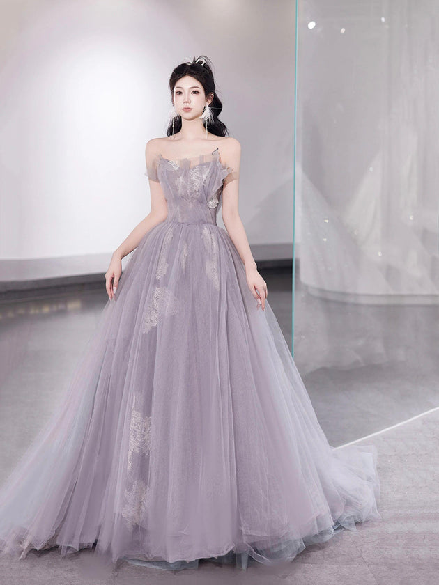 Light Purple Tulle Lace Long Prom Dress, Beautiful A-Line Strapless Party Dress