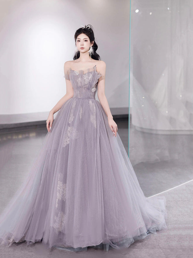 Light Purple Tulle Lace Long Prom Dress, Beautiful A-Line Strapless Party Dress
