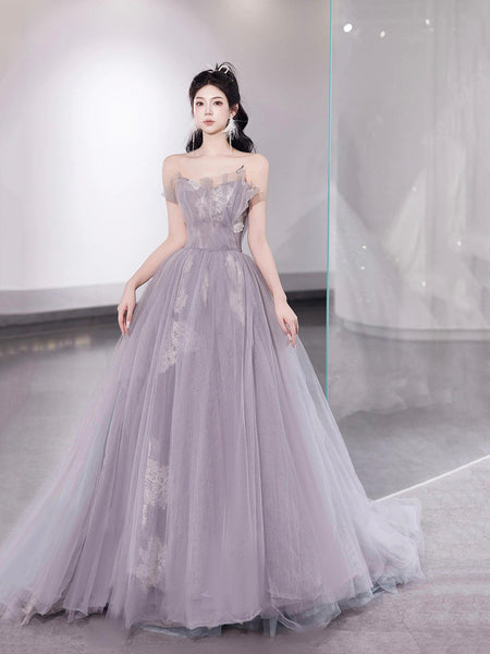 Light Purple Tulle Lace Long Prom Dress, Beautiful A-Line Strapless Party Dress