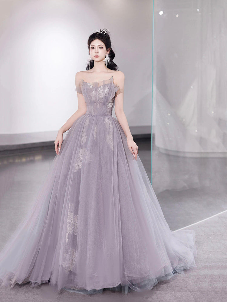 Light Purple Tulle Lace Long Prom Dress, Beautiful A-Line Strapless Party Dress